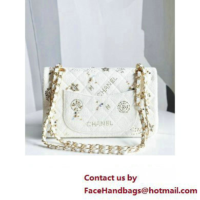 Chanel Embroidered Tweed, Strass, Glass Pearls  &  Gold-Tone Metal Small Classic Handbag A01113 White 2023